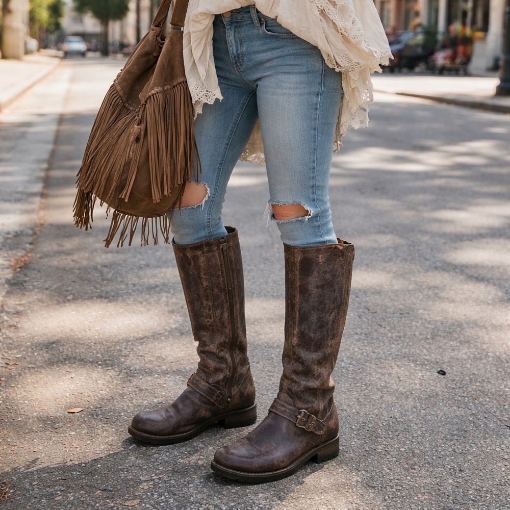 Sendra Distressed Brown Leather Engineer Boots Goodyear Welt Made in Spain